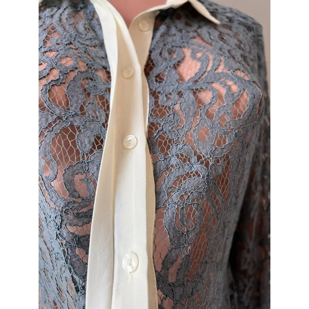 Anthropologie Maeve Gray off white Sheer Lace Collared Button Size 12 Top NWT - Image 3