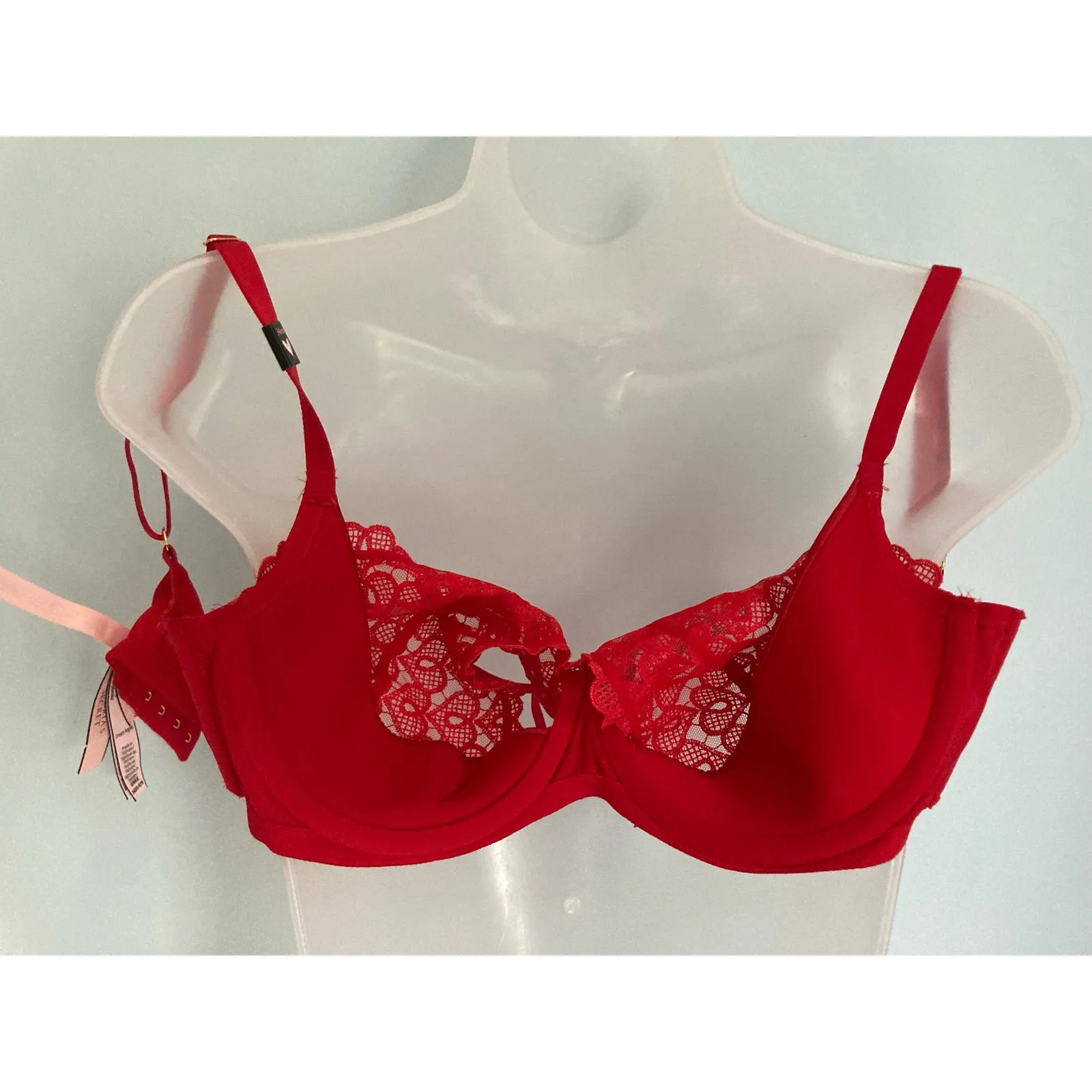 Victoria's Secret Dream Angels Bra 34DD Red Hearts Lace - Image 10