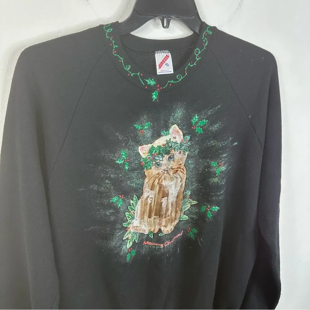 Vintage Jerzees 80's Hand Painted Meow-y Christmas Cat Graphic Sweatshirt XL - Image 6