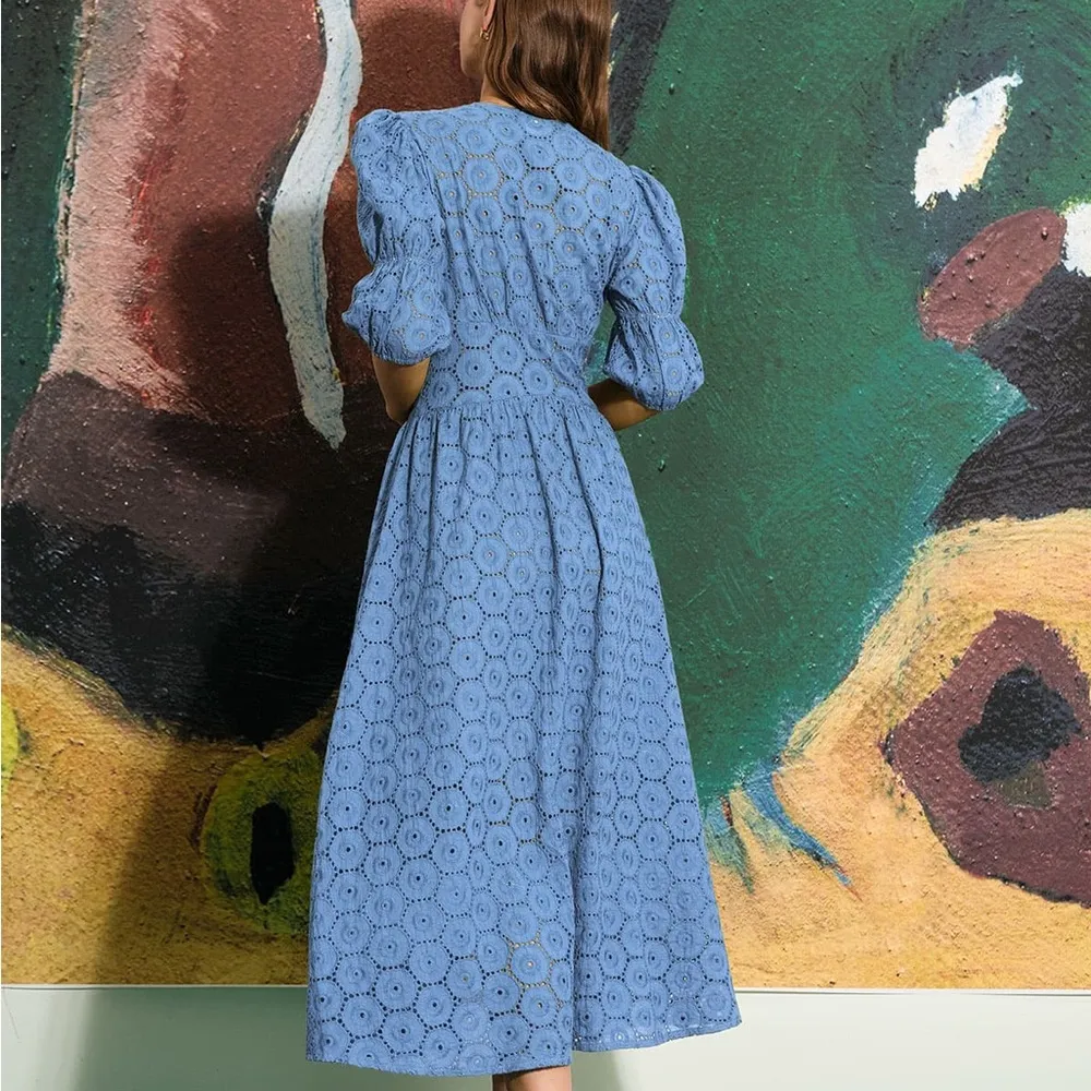 RIHOAS The Blue Puff Sleeve Cutout Slit Maxi Dress XS - Image 4