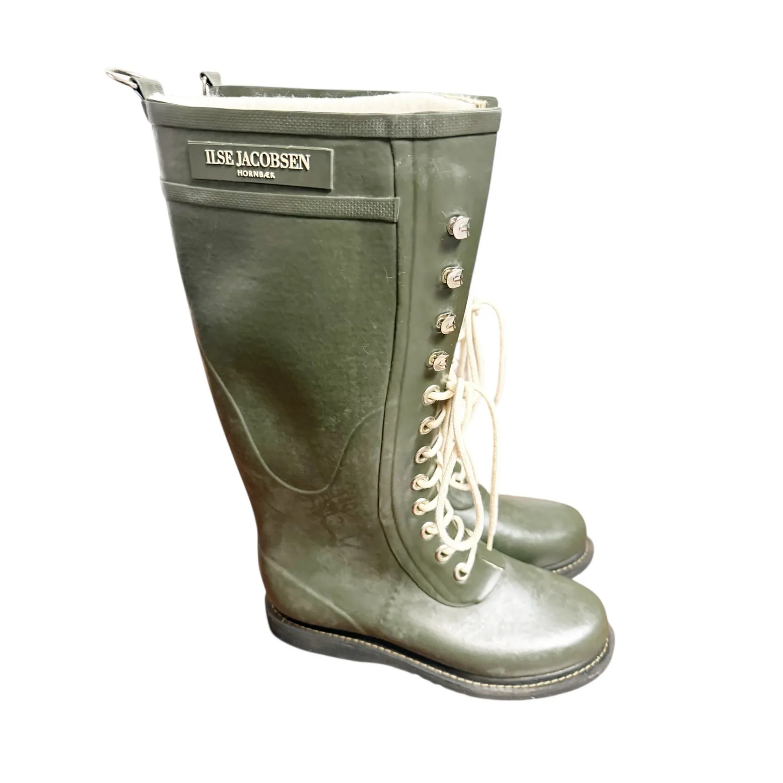 Ilse Jacobsen Knee High Army Green Lace Up Waterproof Rubber Rain Boots Size 8.5 - Image 3