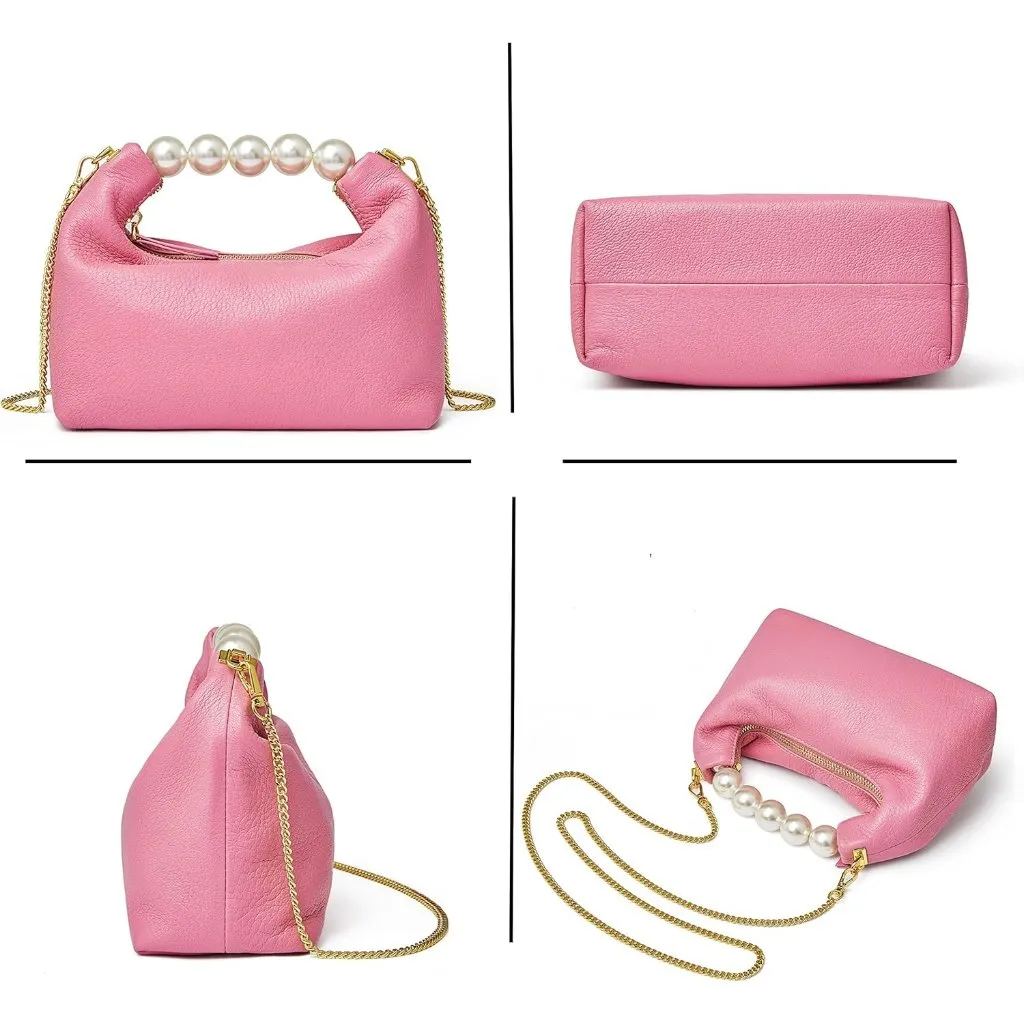 ⚡ Women's Top Handle Chain Pearl Strap Leather Crossbody Tote Pink Bag - Image 6