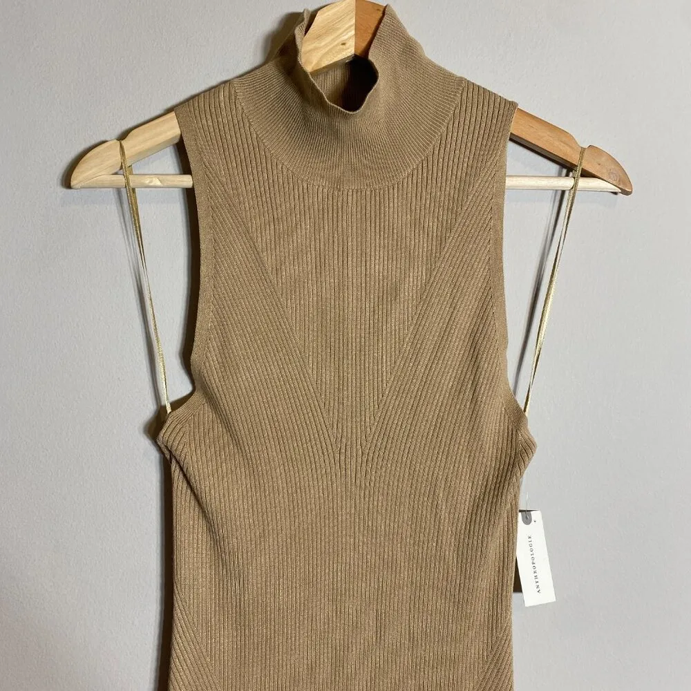 NWT Anthropologie Mock Neck Midi Dress Women's Small Cedar Tan Sleeveless Knit - Image 10
