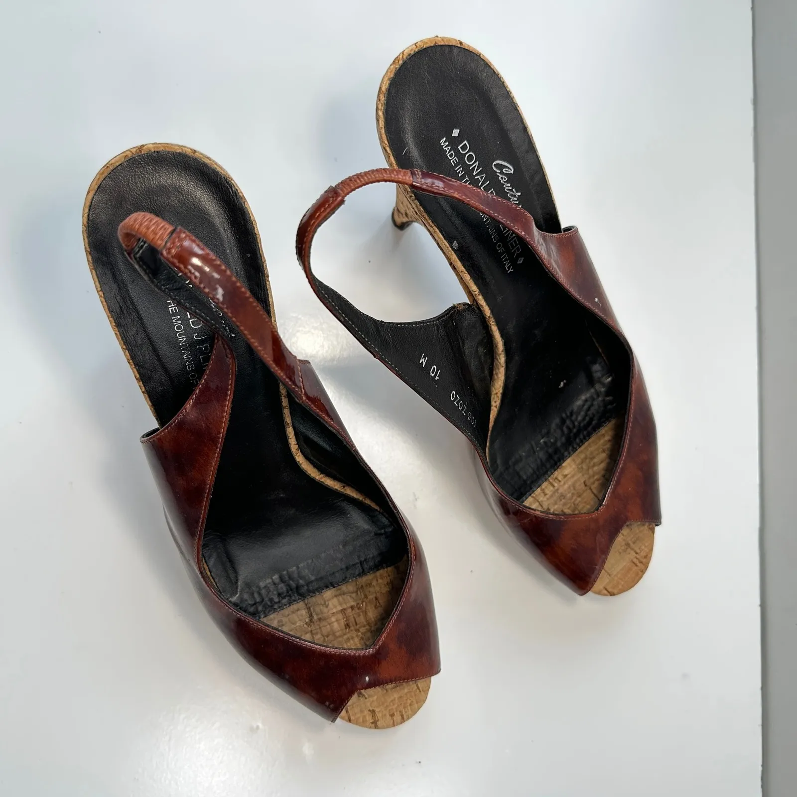 Donald J Pliner Slingback Heels Cork Wedge Peep Toe Brown‎ Leather Womens 10M Brown Size 10 - Image 7