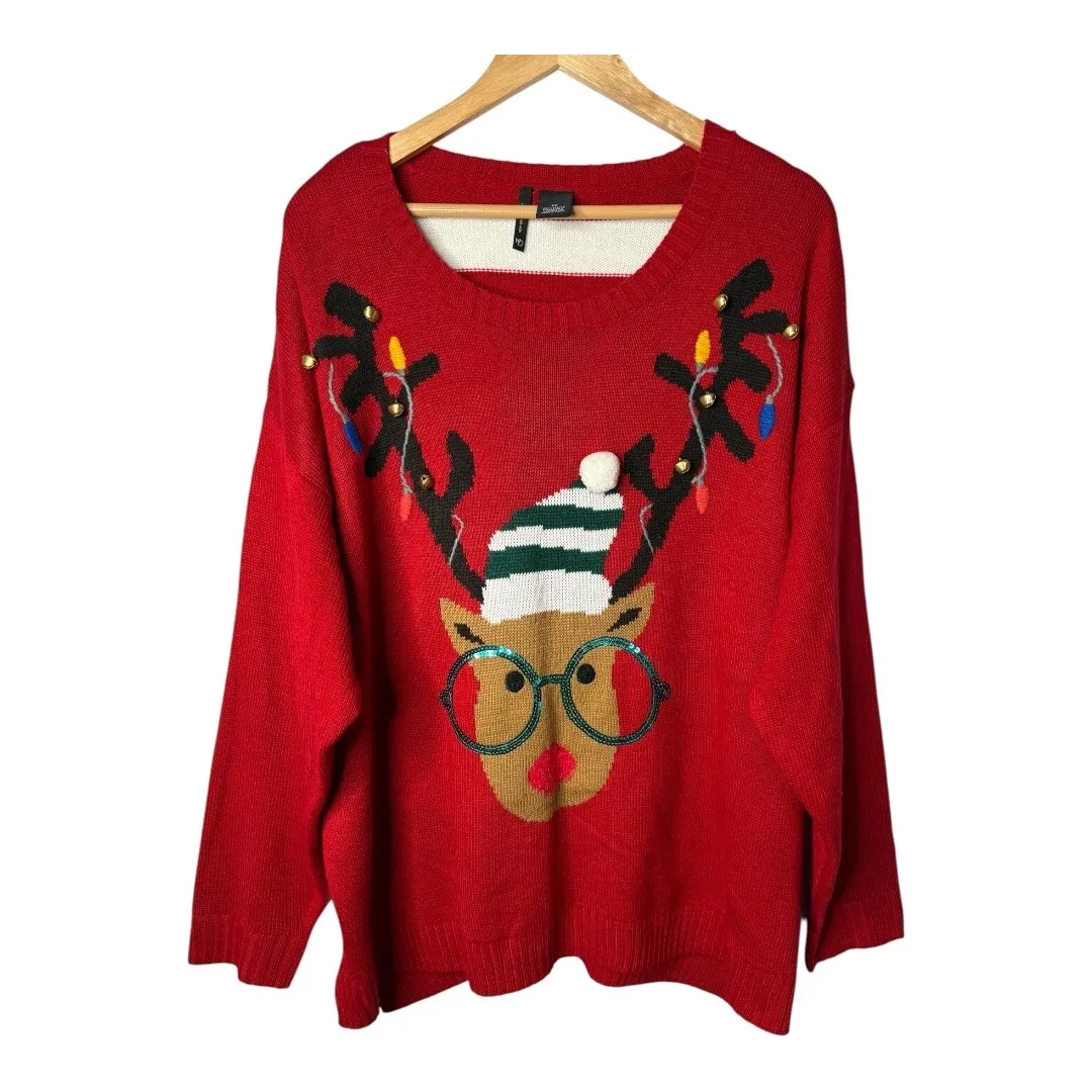 New Directions Christmas Sweater Red Reindeer Lights Holiday Women Plus Size 3X - Image 2