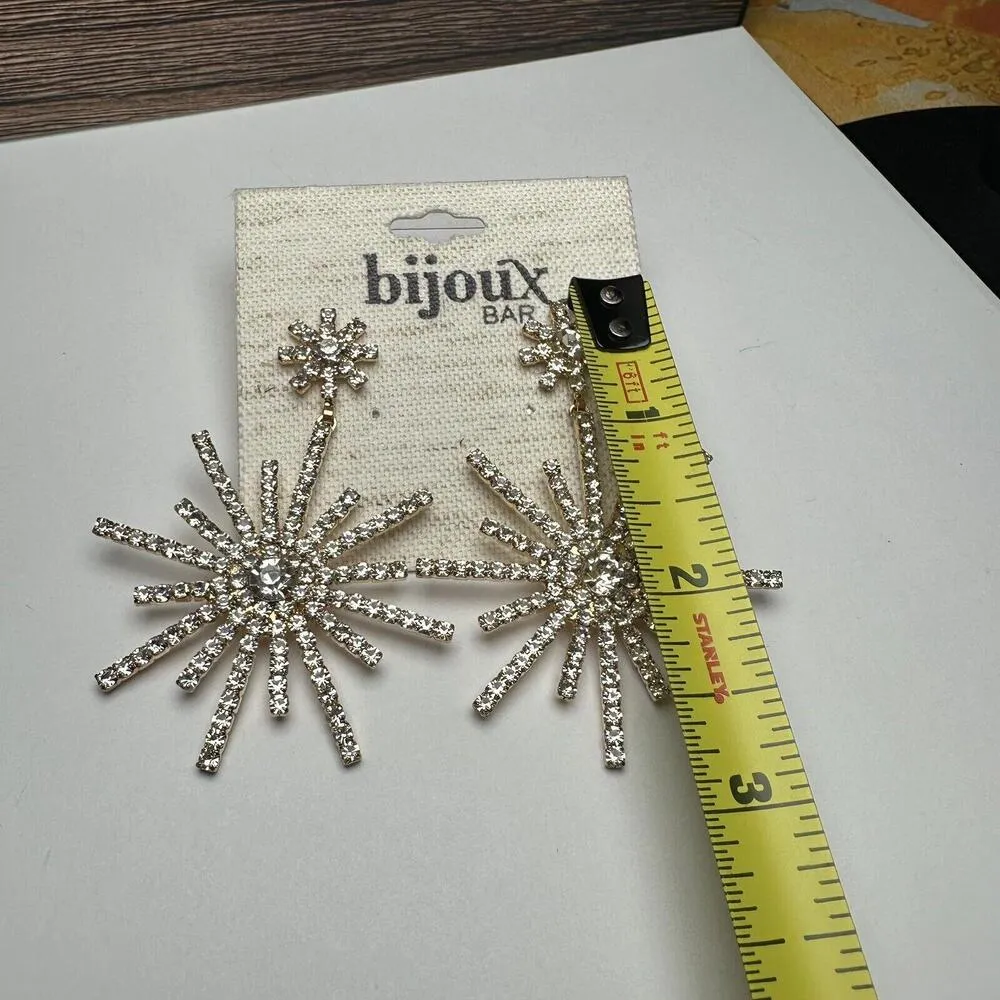 Bijoux Rhinestone Starburst Gold Tone Clear Pierced Dangle Drop Earrings NWT - Image 3