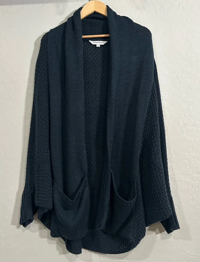 Davi & Dani Oversized Cocoon Cardigan Navy Blue Dolman Sleeve Open Front Large - Image 1