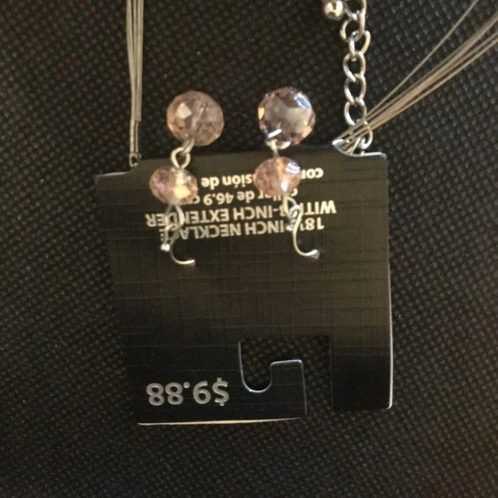 Necklace & Earrings Set Pink Beads on Silver Color Wire Multi Strand BNWT - Image 4