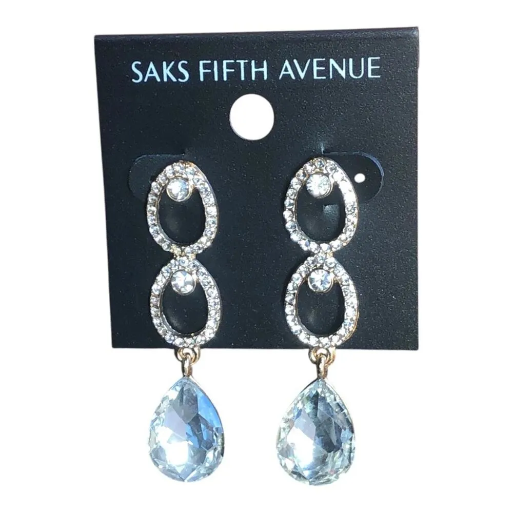 Saks Fifth Avenue NWT Gold Tone Shiny Rhinestones Triple Teardrop Earrings - Image 3