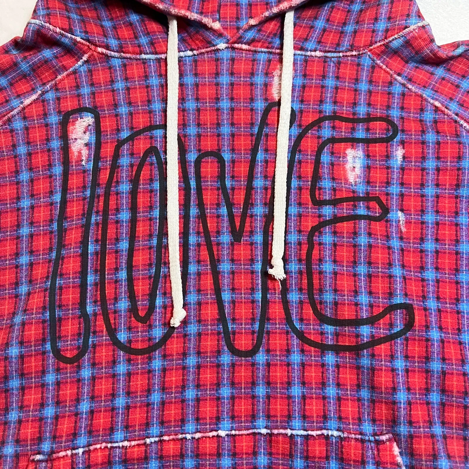 Frank & Eileen Plaid LOVE Distressed Pullover Hoodie Sweatshirt Size XS - Image 6