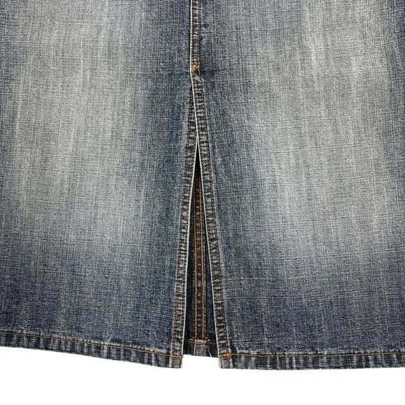 Express Y2K Low Rise Jean Skirt Size 5/6 Faded Denim‎ Knee Length Bareback USA - Image 6