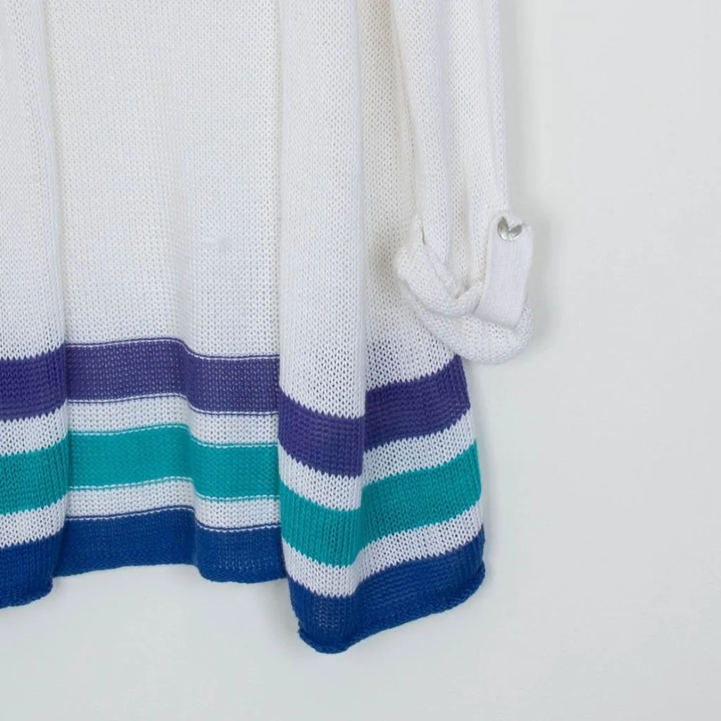 Chicos Womens‎ Striped Open Knit Linen Cardigan Size S 0 Roll Tab Sleeve Beachy - Image 3