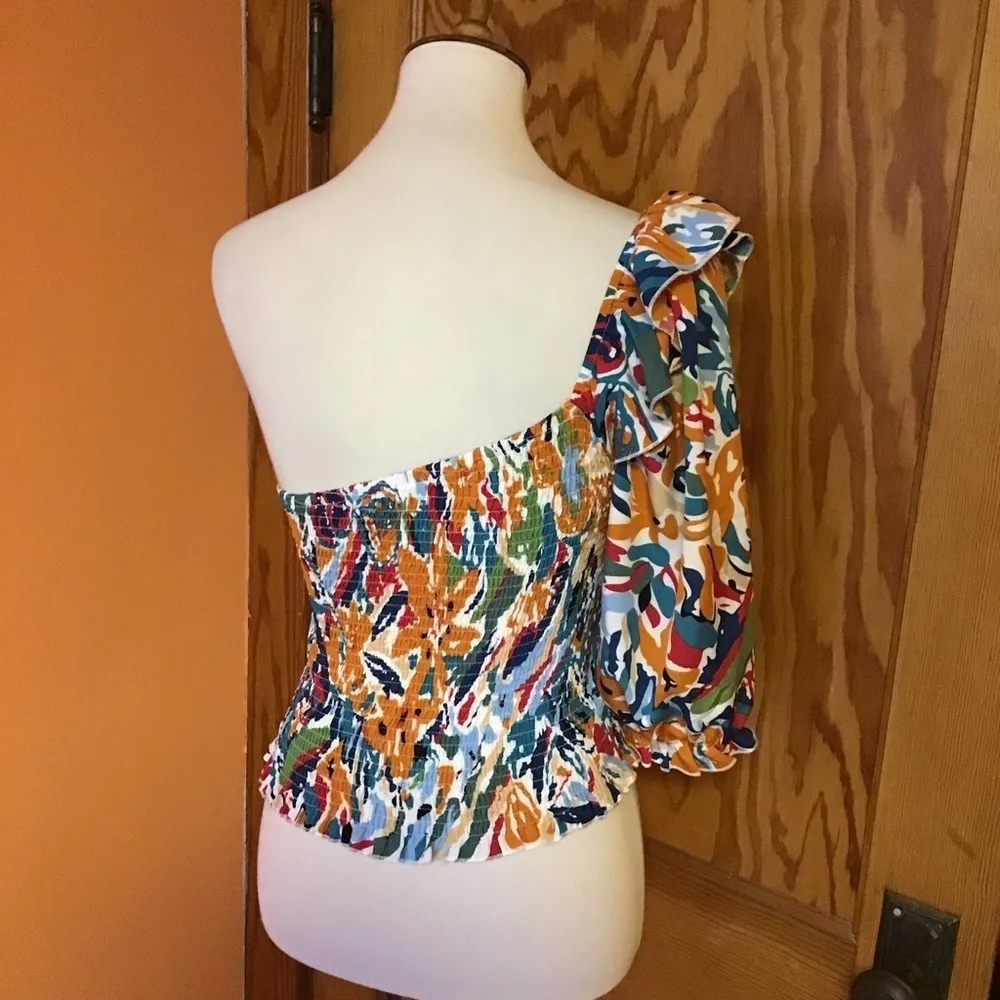 Boho Colorful One Shoulder Ruffle Sleeve Smocked Crop Top Size M - Image 6