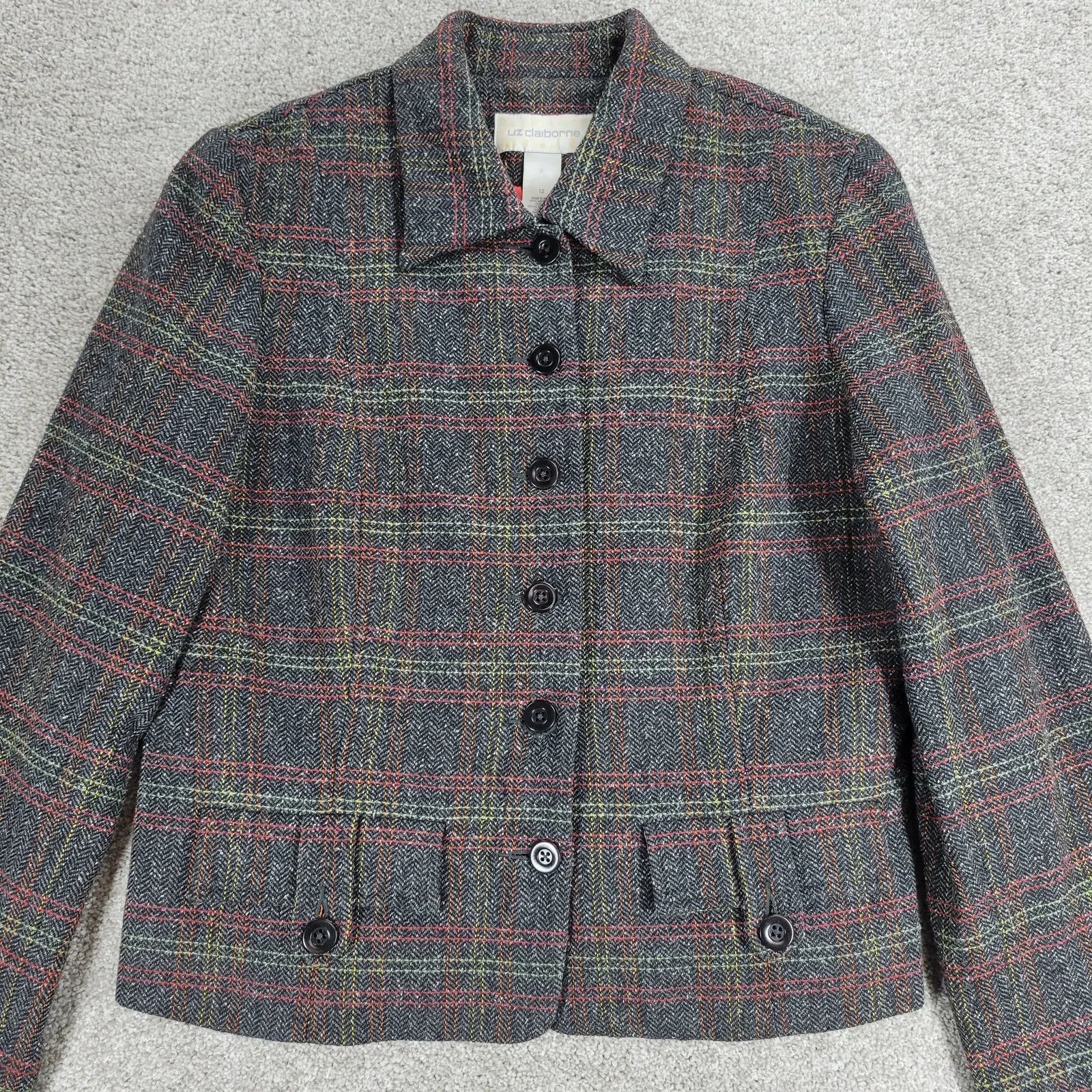 VTG Liz Claiborne Tweed Skirt Suit Womens 12 Gray Wool Faux‎ Wrap Blanket Skirt - Image 13