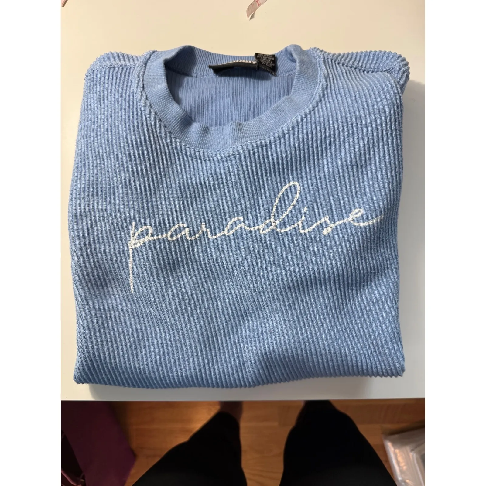 Pennant Sportswear Blue Ribbed Long Sleeve Top Paradise Graphic Women's Small - Image 2