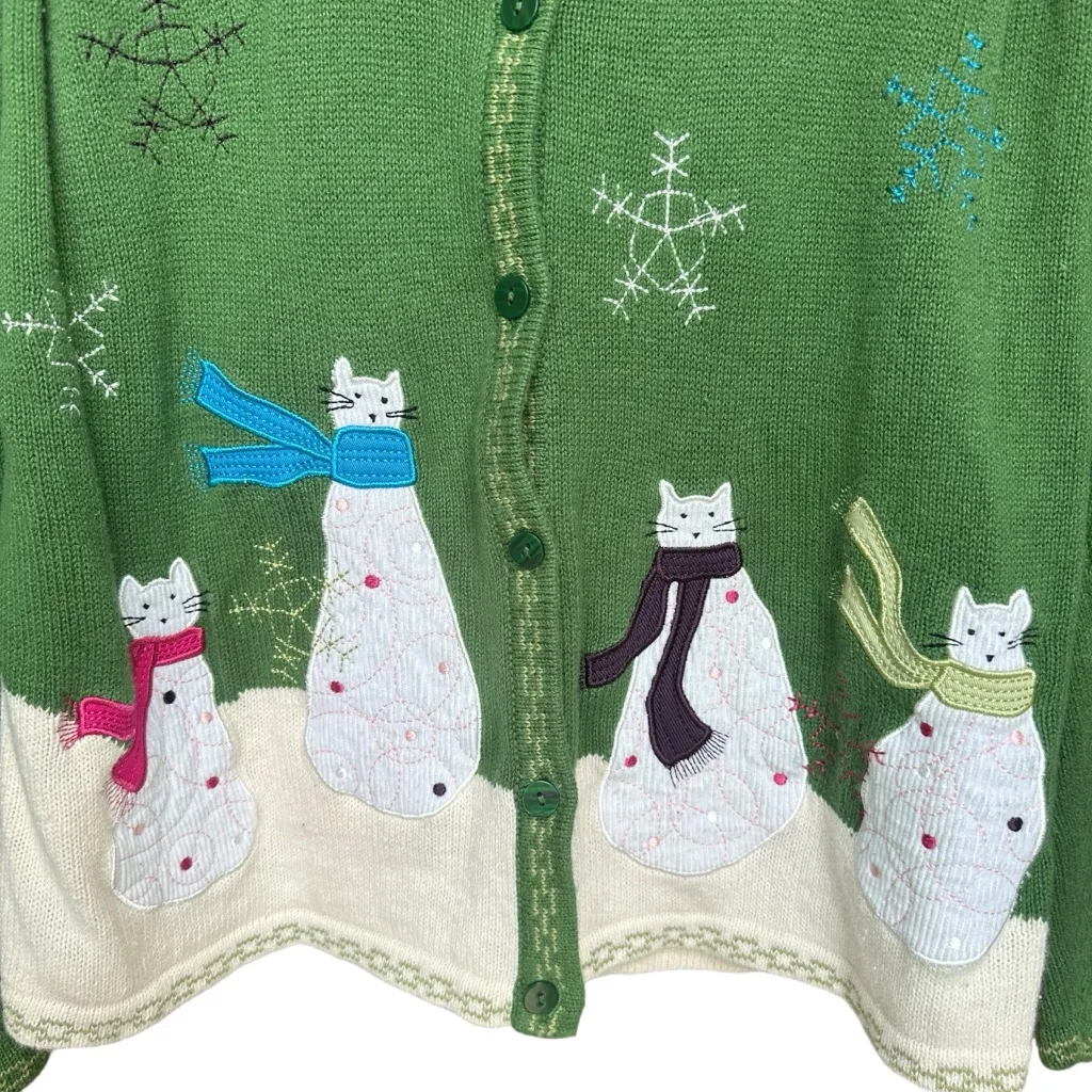 Vintage Christopher & Banks Christmas Cat Snowman Embroidered Sweater XL Green - Image 4
