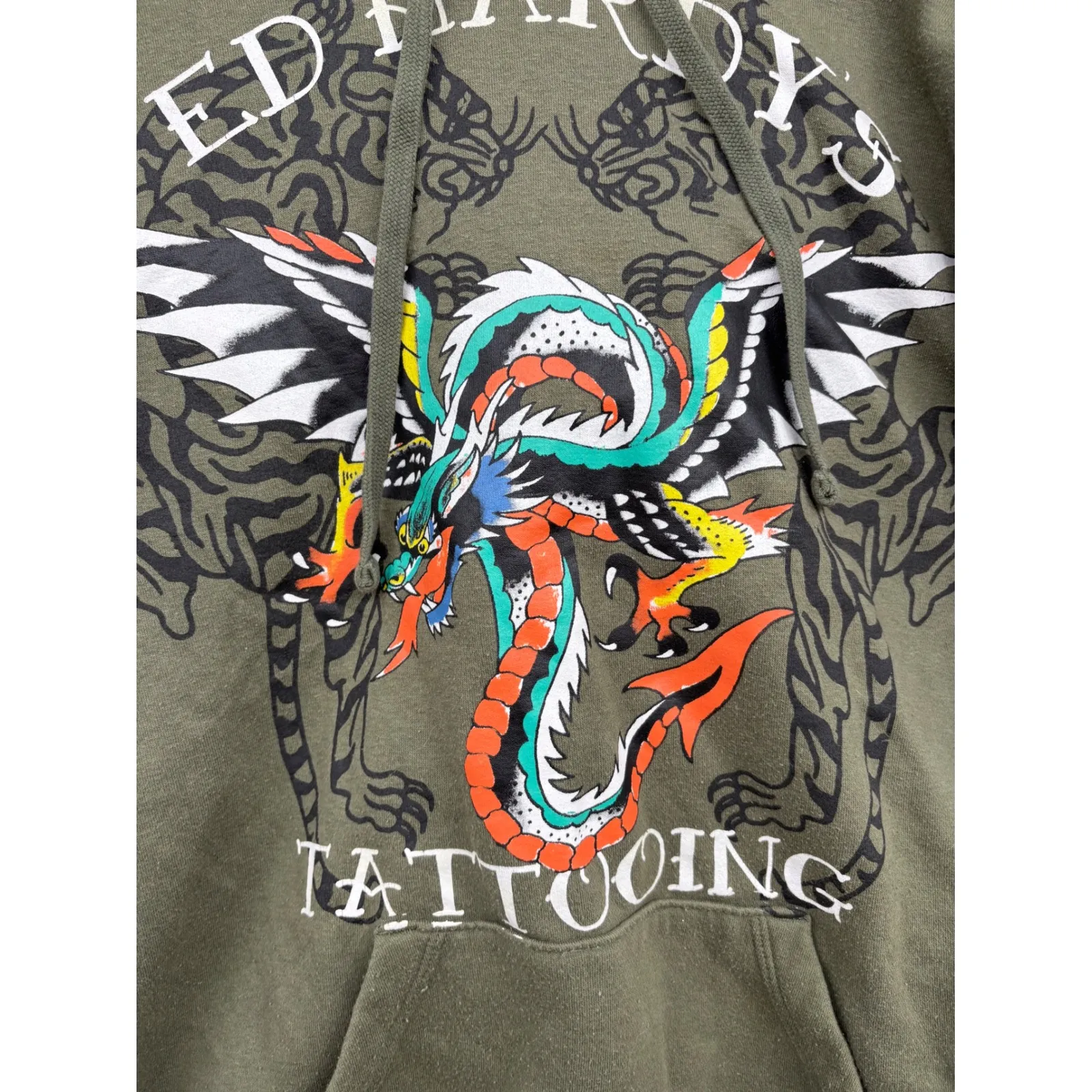 Ed Hardy Womens Green Dragon Tattoo Graphic Hoodie Sweatshirt - Image 3