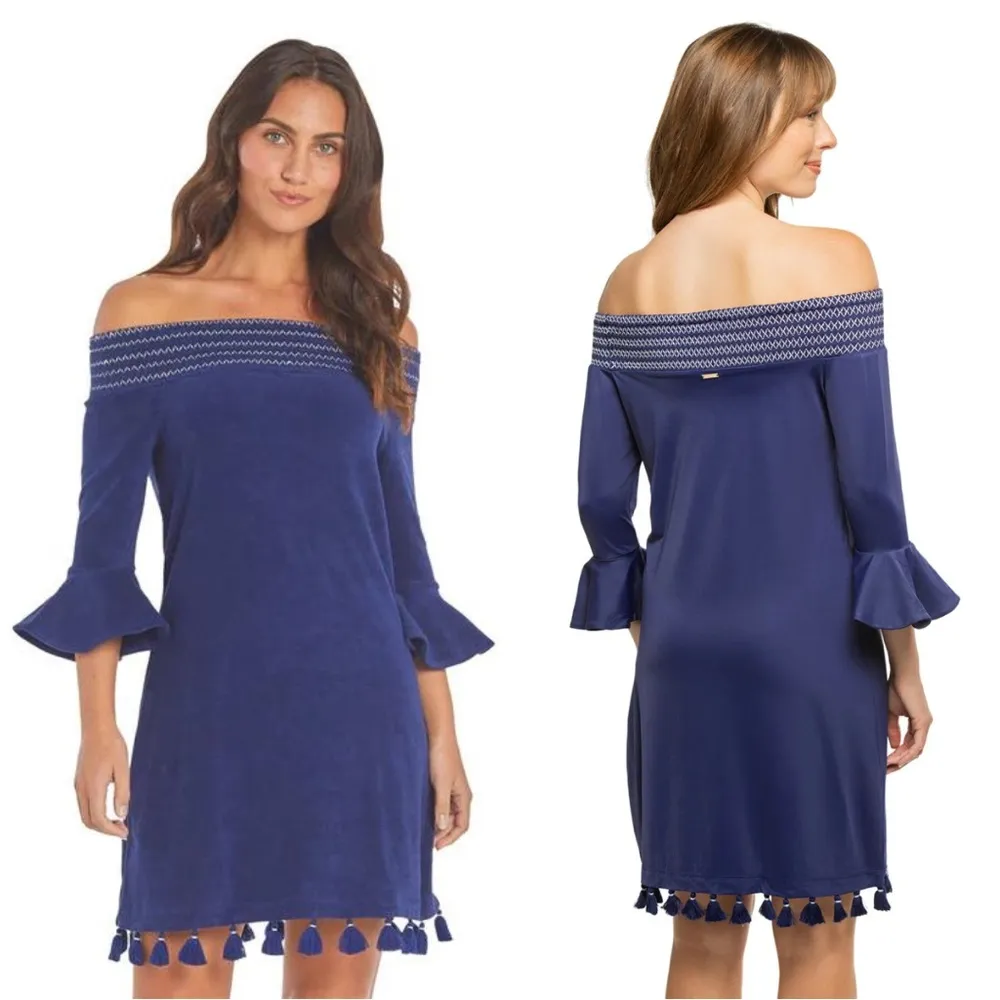Cabana Life Navy Terry Off the Shoulder Dress Mini Tassel Medium Blue - Image 3