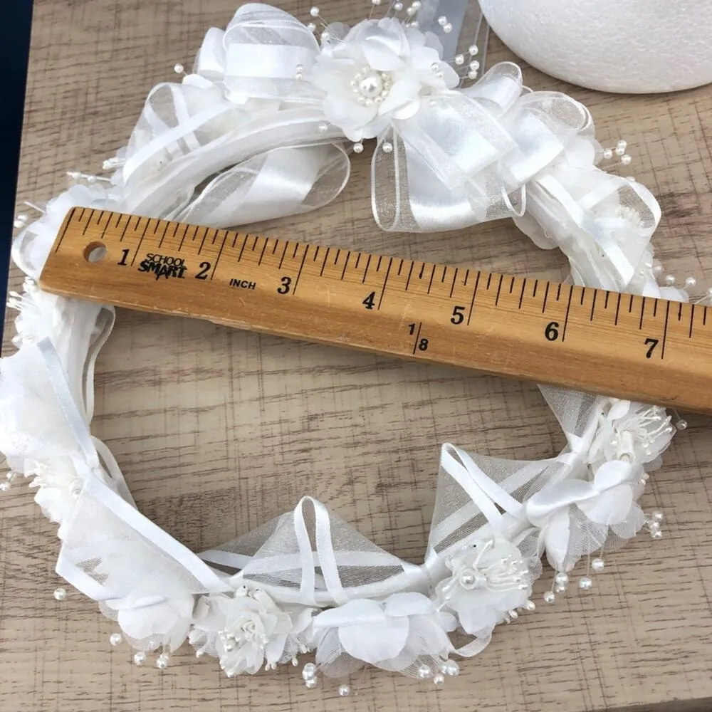 Handmade American VINTAGE 90's White Floral Faux Pearl Wire Wrap Ribbon Halo P - Image 5
