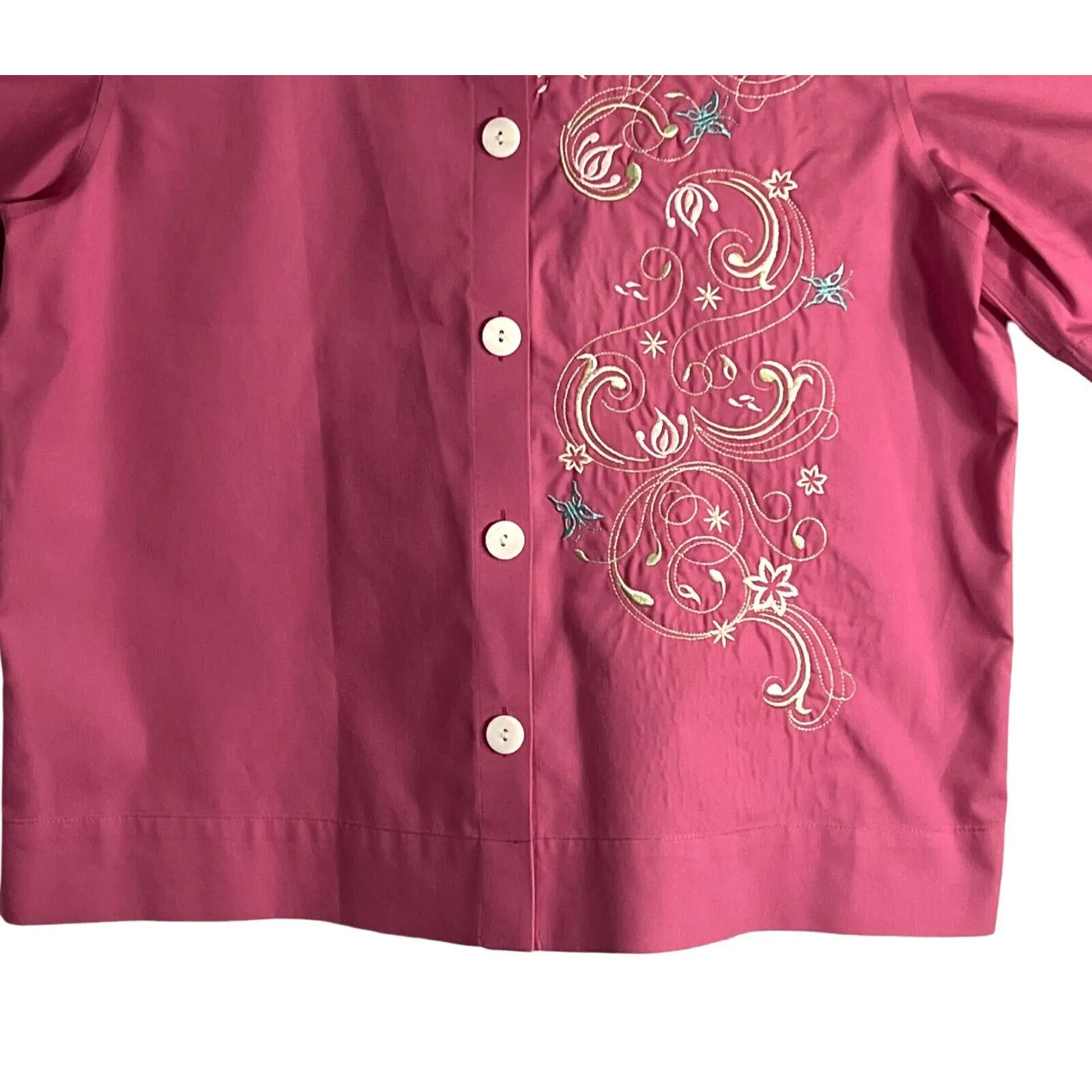 ORVIS Womens Short Sleeve Button Up Top Size S Dark Pink Embroidered Round Neck - Image 6
