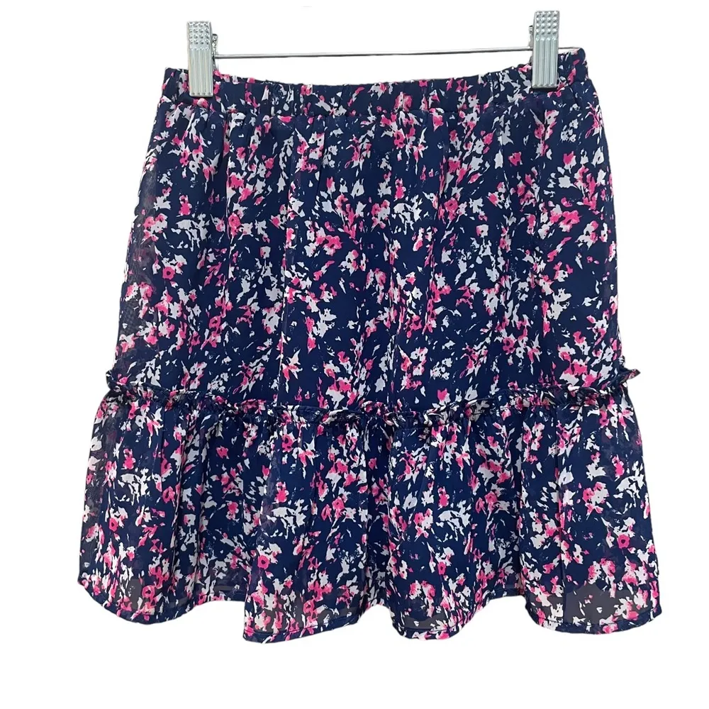 Aqua flowy floral mini skirt blue pink size XS - Image 2