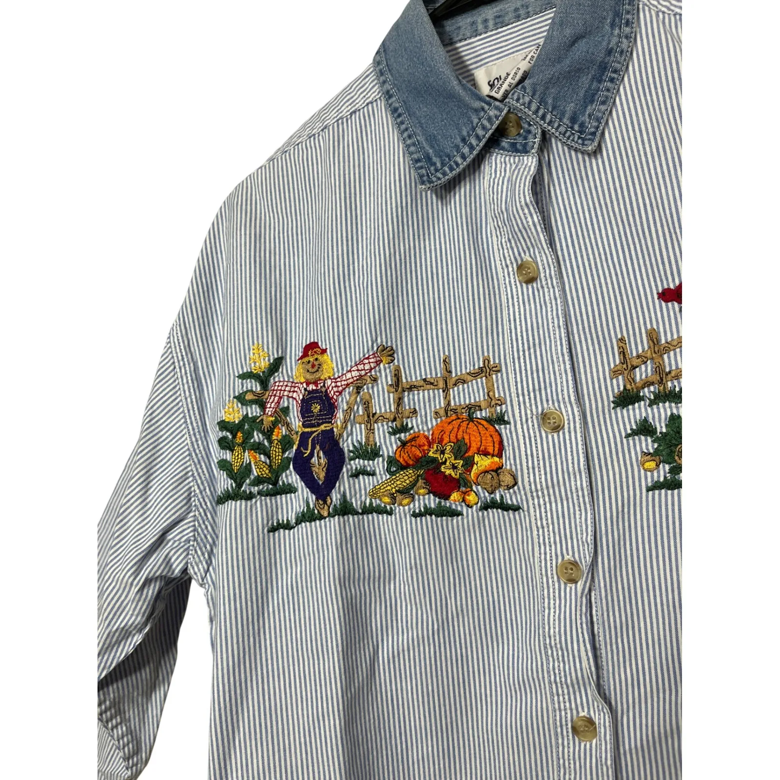 Vintage Solutions Original Striped Embroidered Fall Denim Collar Shirt L Blue Size L - Image 4