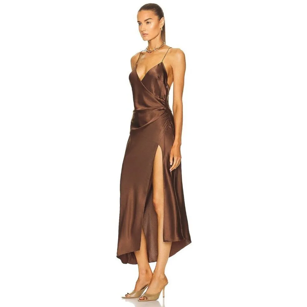 SER.O.YA Emma Dress in Chocolate Medium New Womens Maxi Satin Midi Brown - Image 3