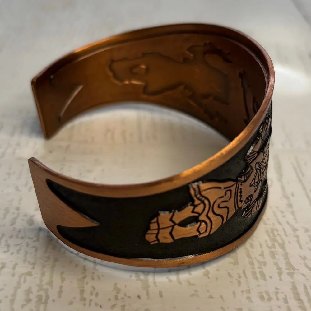 Copper Cuff Bracelet with Etched Buffalo Dancer and Rainbow Yei Design Brown - Image 5