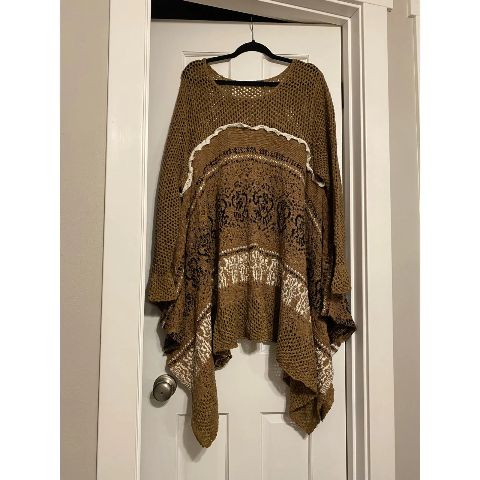 Y2K Crochet Knit Lace Striped Asymmetrical Drape Brown Poncho Sweater 1X Boho - Image 2