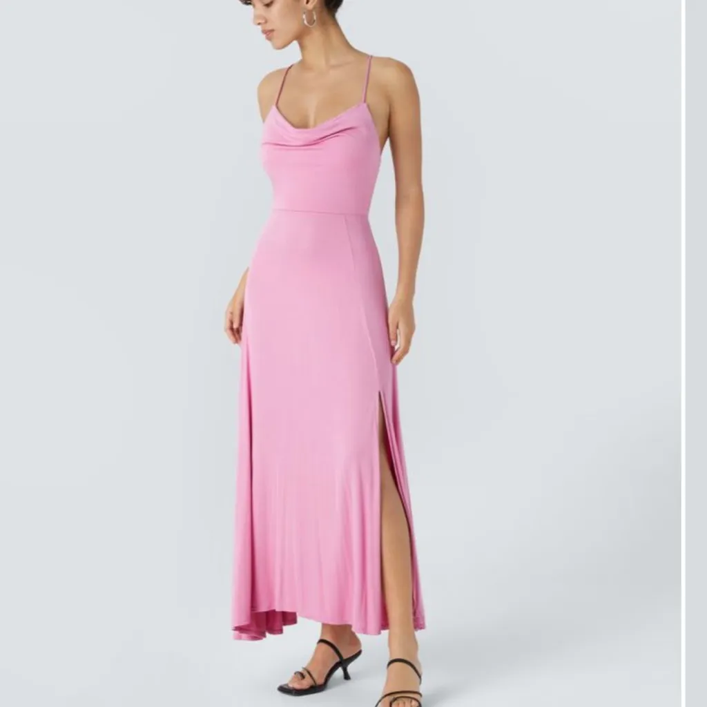 Halara Backless CrissCross Slit Midi Dress Lace Up Long Cowl Neck Pink Lilac NWT - Image 7