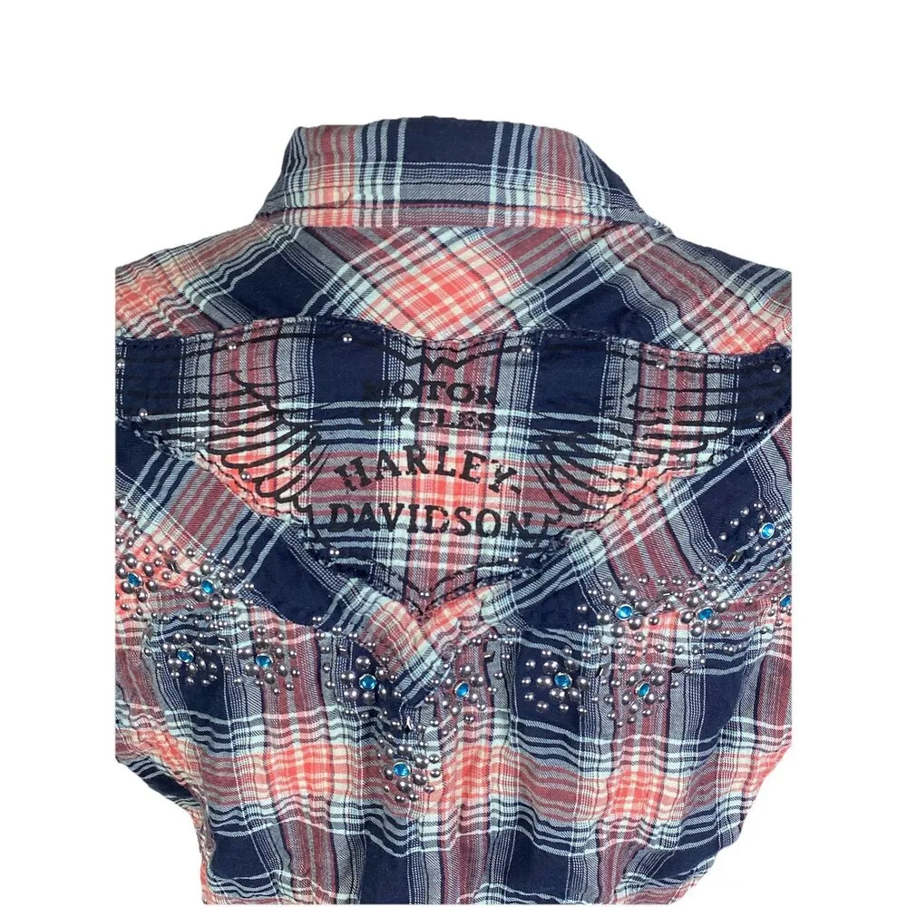 Harley Davidson Women's Small Motorcycle Pearl Snaps BLUE Jewel& Silver Studded - Image 8