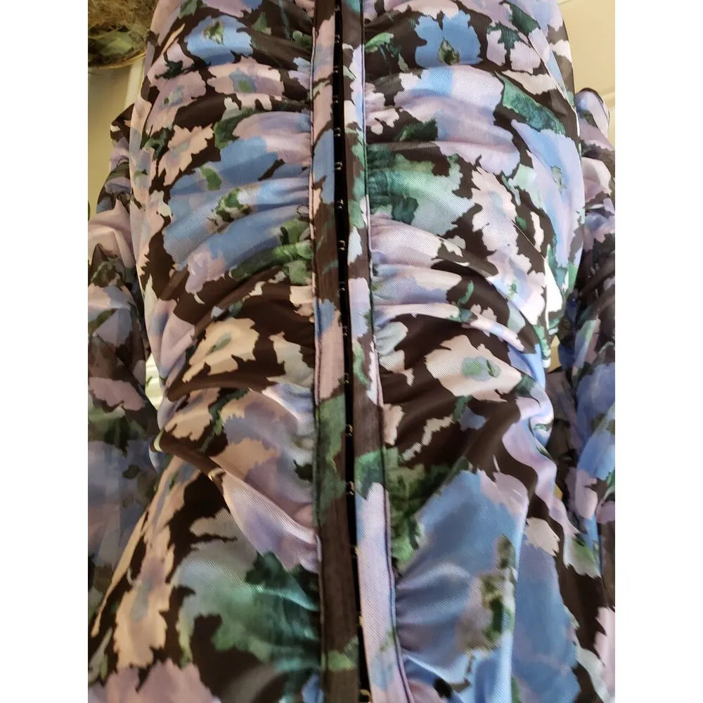 Ruched Floral Bodycon Dress Women Size 14 Purple Blue Mini Ruffle Long Sleeve - Image 3