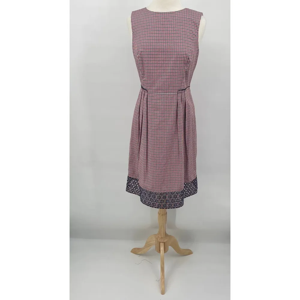 Brooks Brothers Shift Dress Pleated Waist Cotton Eyelet Hem Red Gingham Womens 8 - Image 4