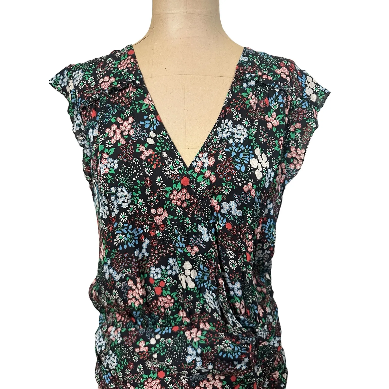 Veronica Beard Mini Dress Black Floral Silk Ruched Short Sleeve Silk - Image 4
