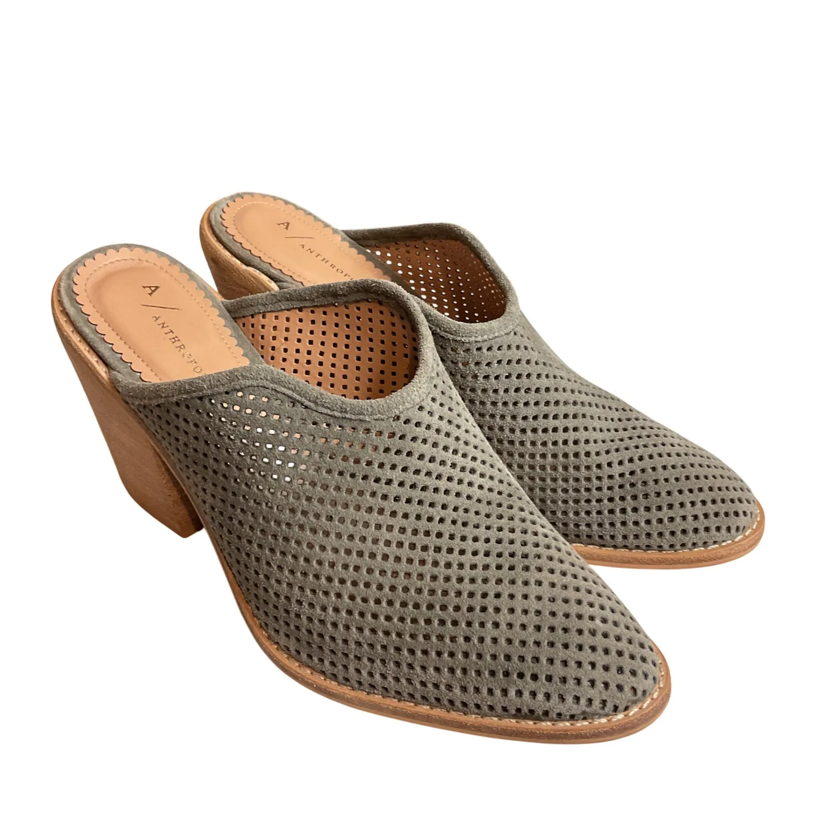 Anthropologie Women's Blaire Mules‎ Size 7.5M Gray Perforated Suede Slip On - Image 2