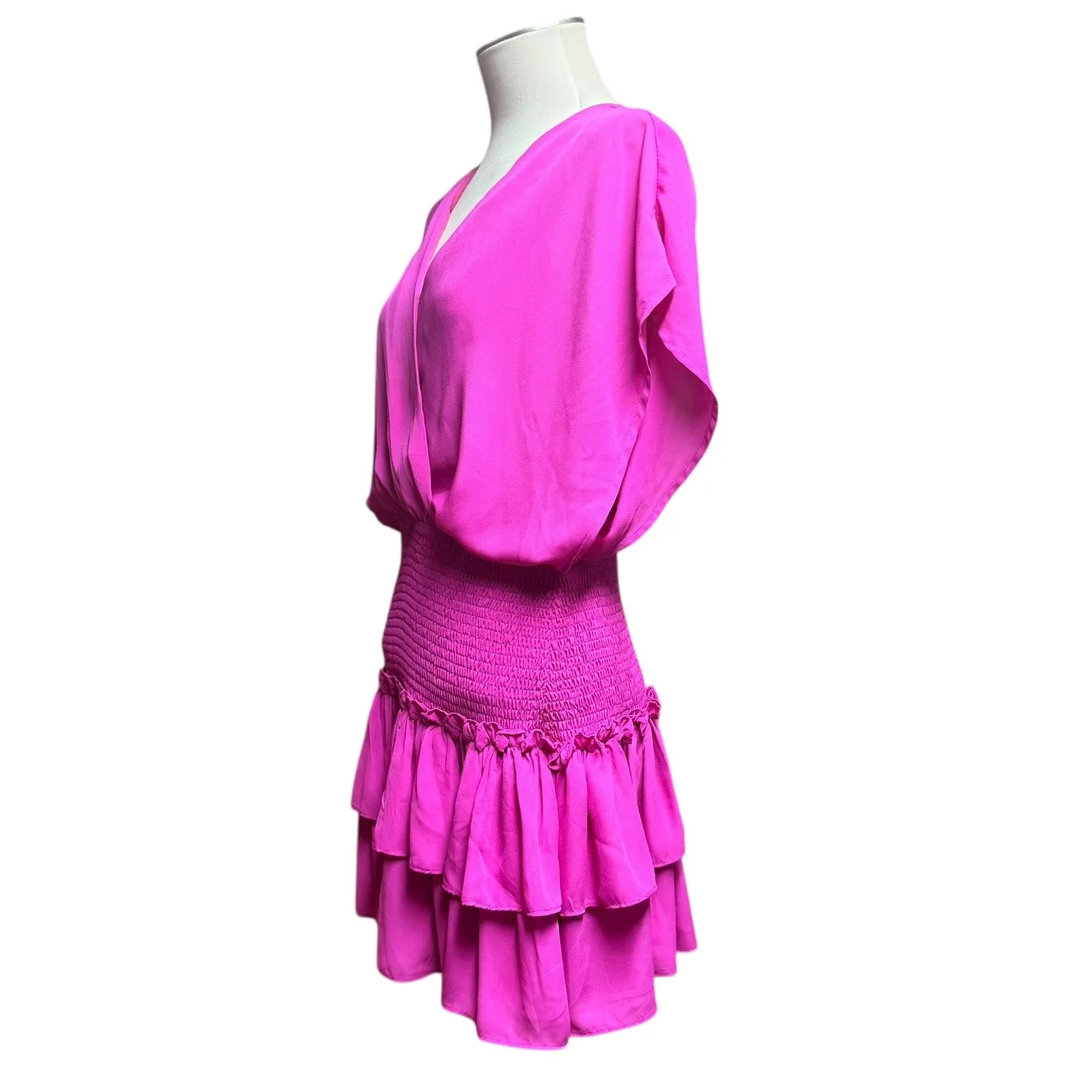 The Impeccable Pig Wrap Top Shirred Waist Tiered Ruffle Mini Dress Pink Large - Image 2