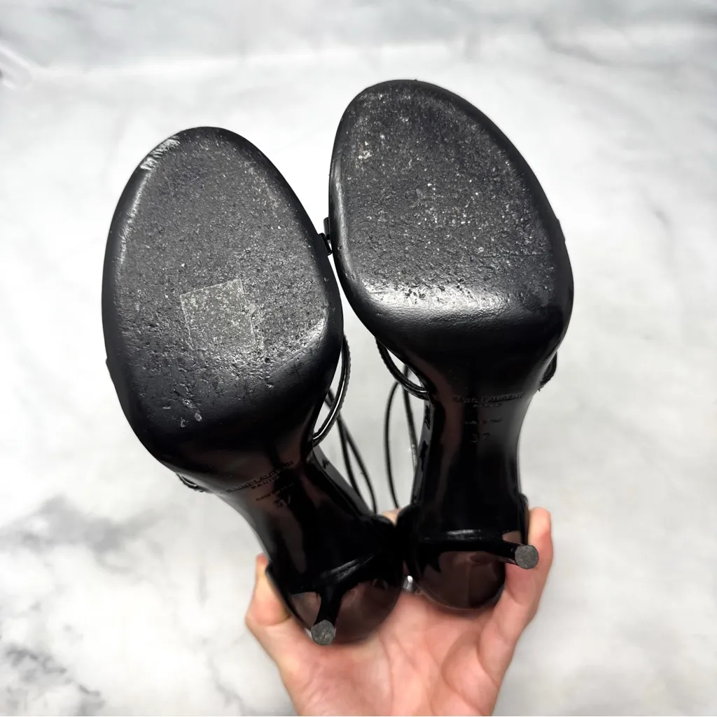 Saint Laurent YSL Cassandra Patent Leather Strappy Sandal Heel Designer Black 37 - Image 11