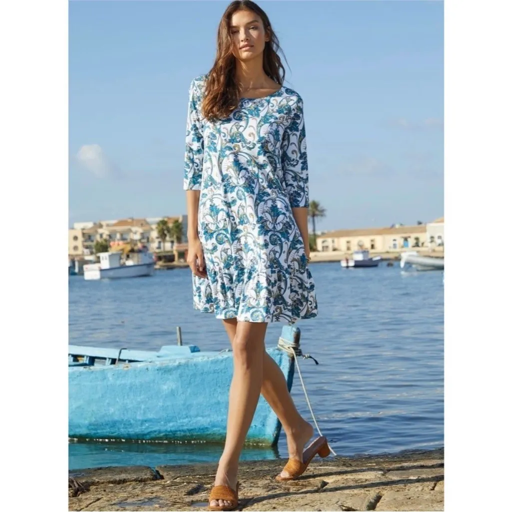 Peruvian Connection Acanthe Tiered Crewneck Floral Dress 3/4 Sleeve Large - Image 2