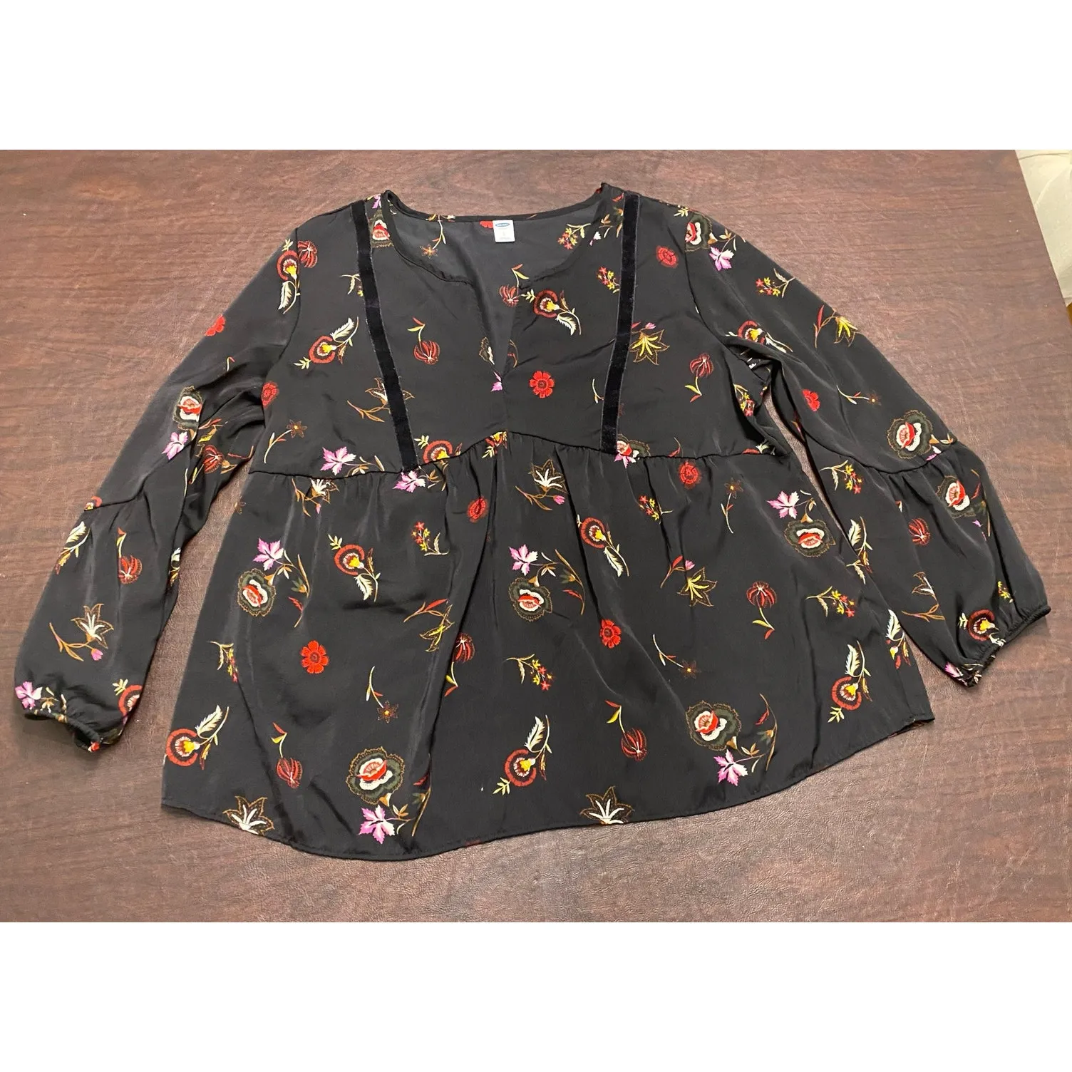 Black Floral Babydoll Tunic V-neck Velvet Trim Long Sleeve Large Whimsigoth Boho - Image 5