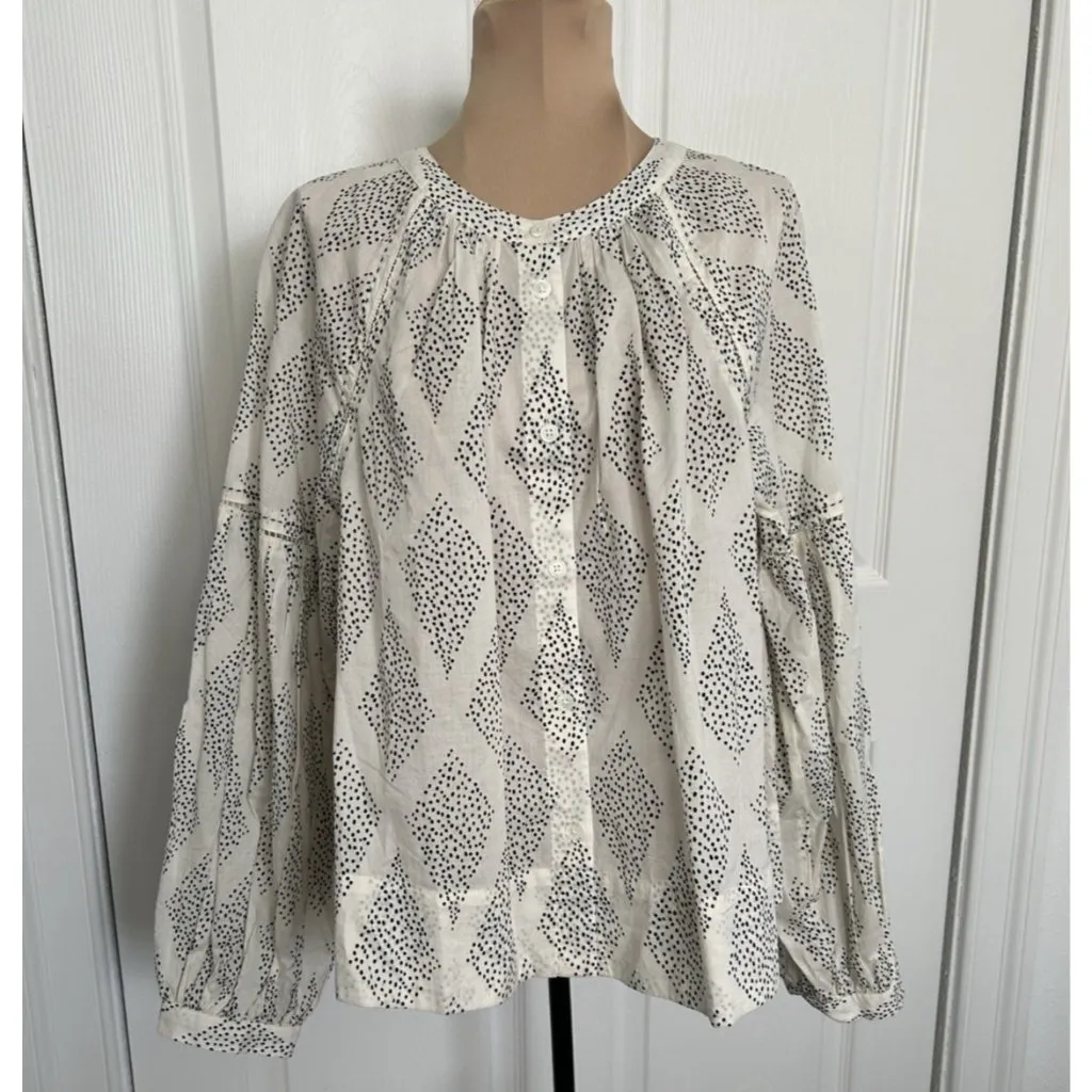 Madewell Shirred Crewneck Balloon Sleeve Button Down Top Cream w/Black Dots Sz L - Image 5