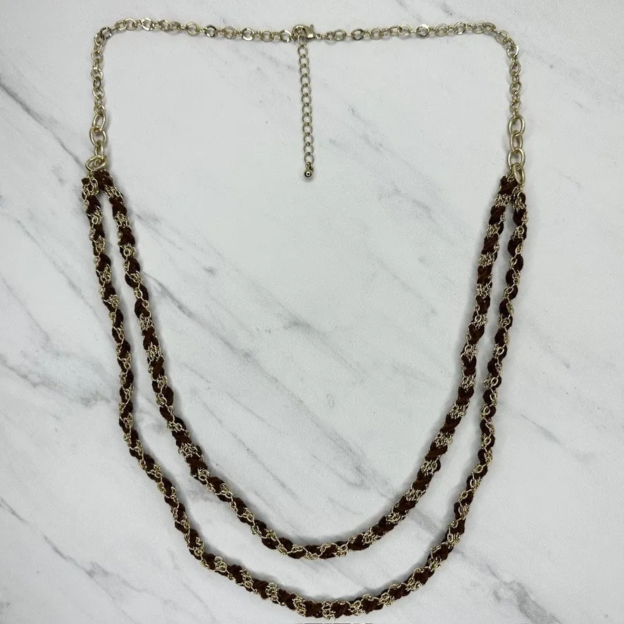 Brown Woven Draped Gold Tone Chain Link Necklace - Image 2