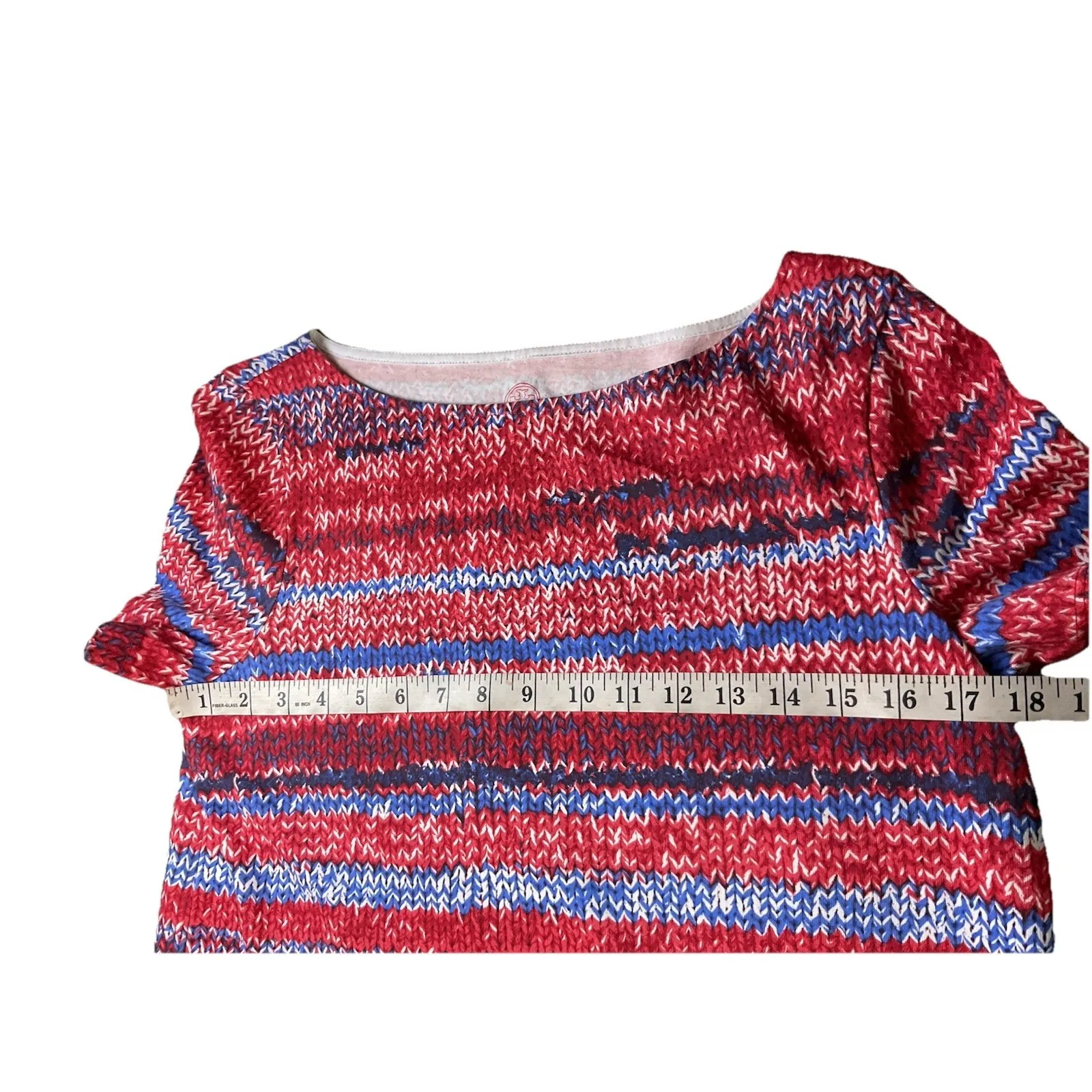 Tory Burch Pima Cotton Red Blue Yarn Print‎ Mini Short Sleeve Dress Size Large - Image 9