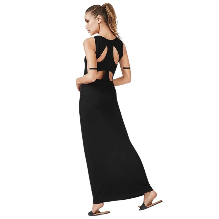 Fabletics Medium Claudia Maxi Dress Solid Black‎ Knit Sleeveless Cutout Back 177 - Image 2