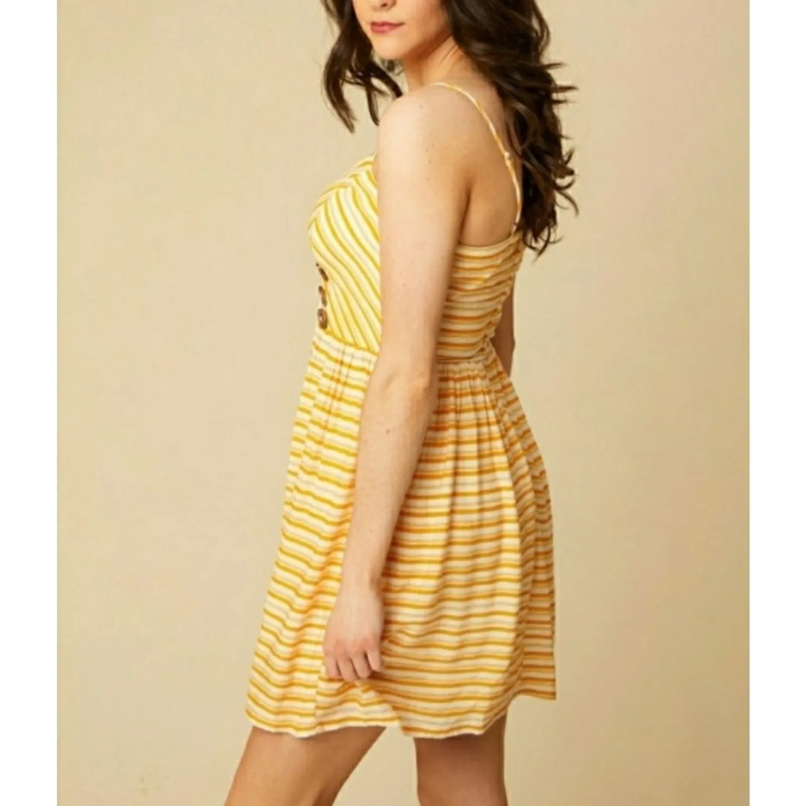 Altar'd State By Anthro Mini Dress V-Neckline Button White Yellow Stripes Sz S - Image 3