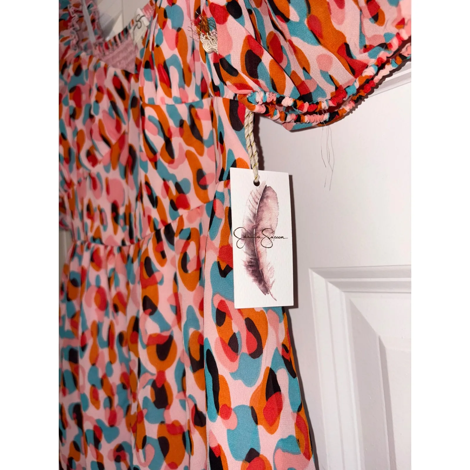 Jessica Simpson‎ Mini Dress Smocked Puff Sleeve Colorful Print Dress S - Image 5