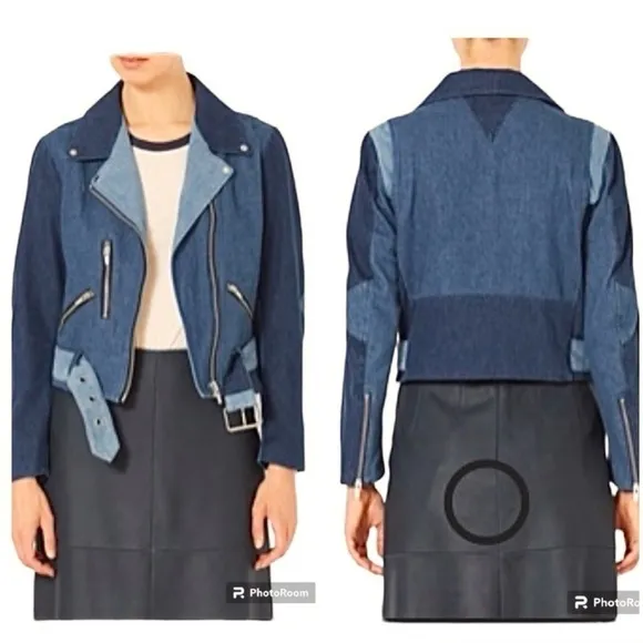 Veda Atmosphere Denim Jacket Moto 3 Tone Trio Blue S Cropped Belted Chic Edgy - Image 3