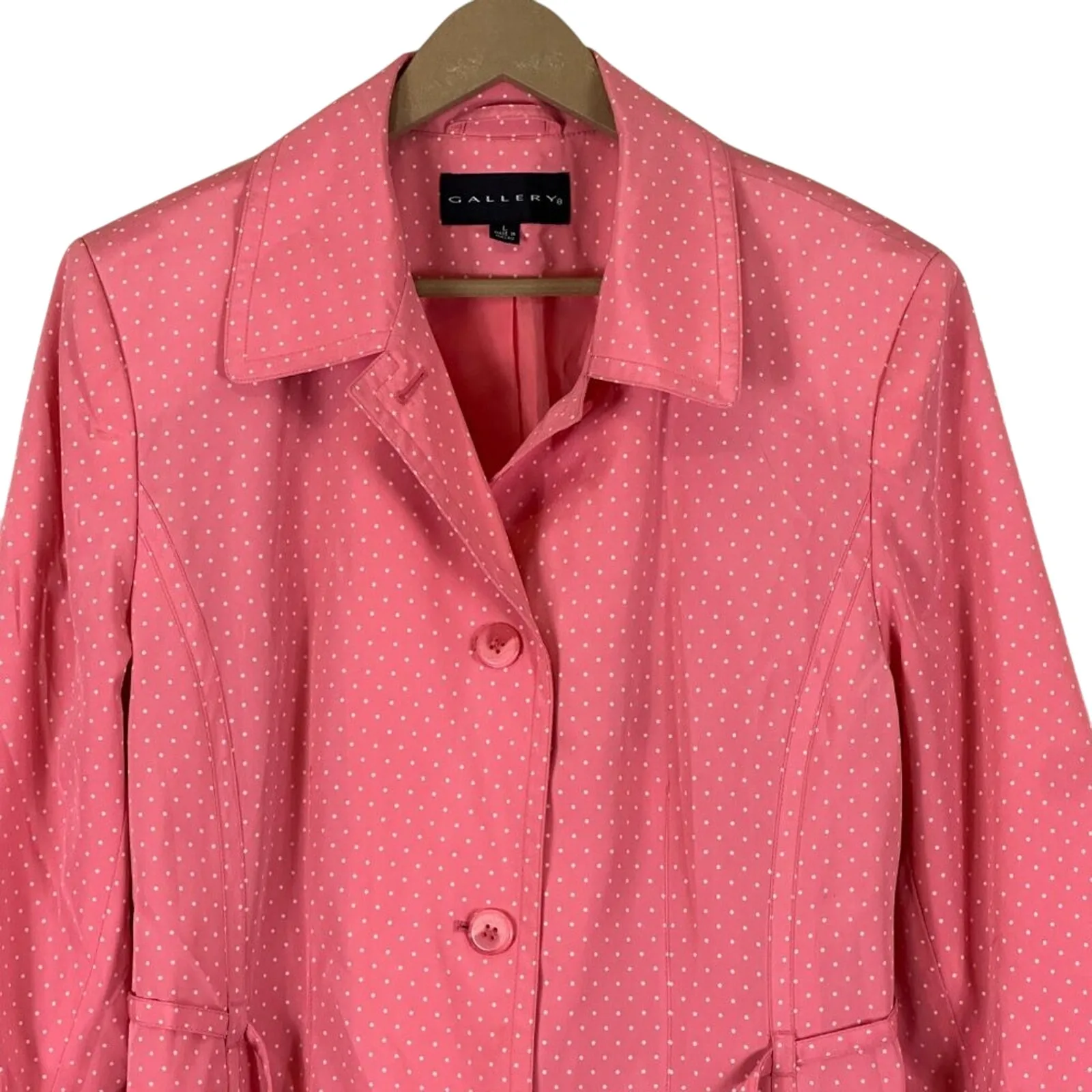 Vintage Gallery Trench Coat Womens L Pink Polka Dot Belted Button Up Retro 60s - Image 2