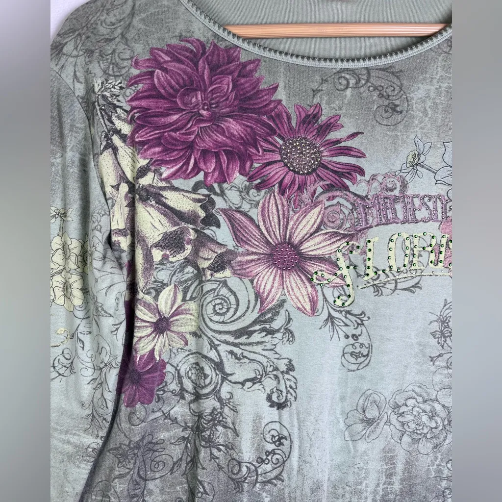 Women’s Vtg Y2K Floral Graphic Rhinestone Sage Boutique 3/4 Sleeve Shirt Sz L Green Size L - Image 3