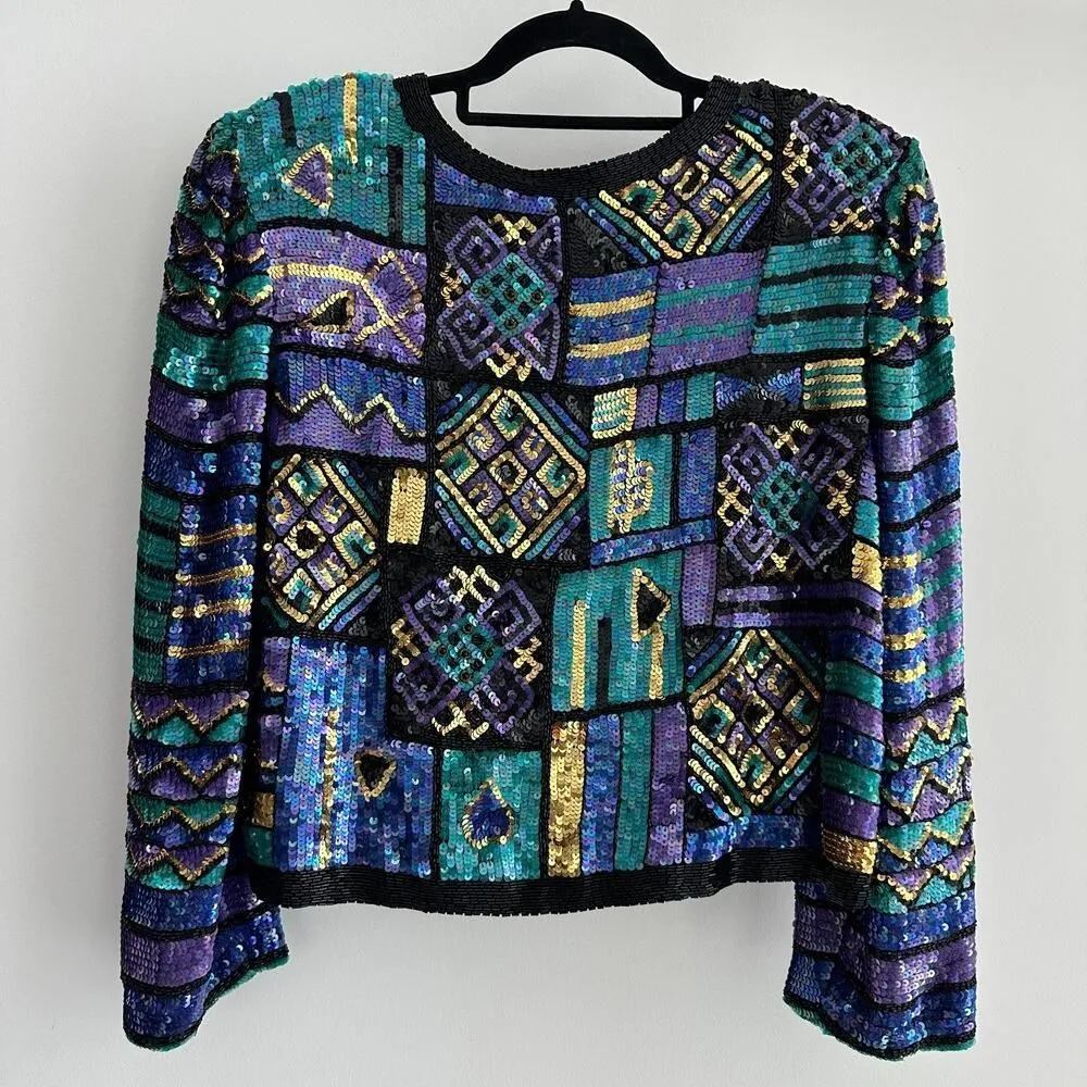 Vintage Lawrence Kazar Silk Sequin Jacket XL Disco Glam Maximalist Block Art NYE - Image 6