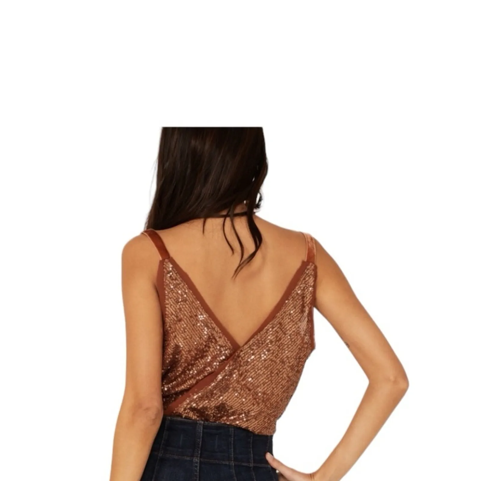 Free People NWOTS Shimmer & Shine Brown Sequin Bodysuit Top size large - Image 3